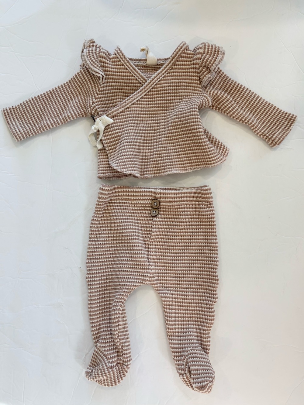 Snug Beige white neutral stripe waffle knit wrap top and footie pant set 0-3
